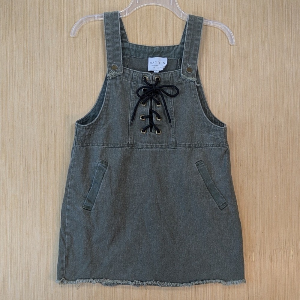 Hayden Los Angeles Olive Green Denim Boho Grunge Dress Small Lace Up Pinafore